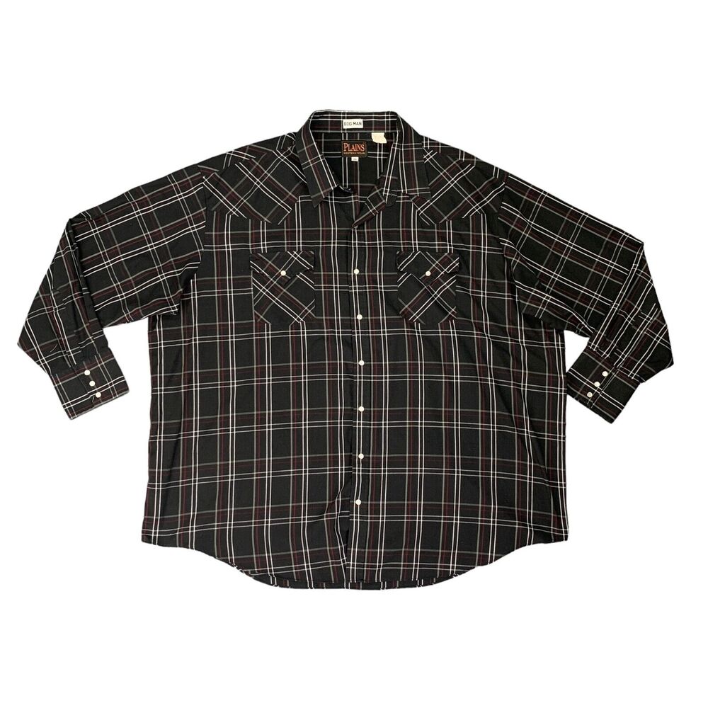Plains Western Shirt Mens 3X Big Man Black Plaid Pearl Snap Chest Pockets Ranch